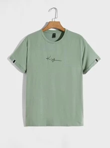 GENTILAND Men Letter Graphic Roll Sleeve Tee - Mint Green - View 1