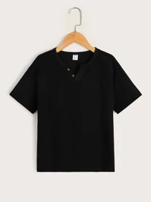 SHEIN 男孩雜色針織紐扣細節T恤 - 黑色 - 查看 1