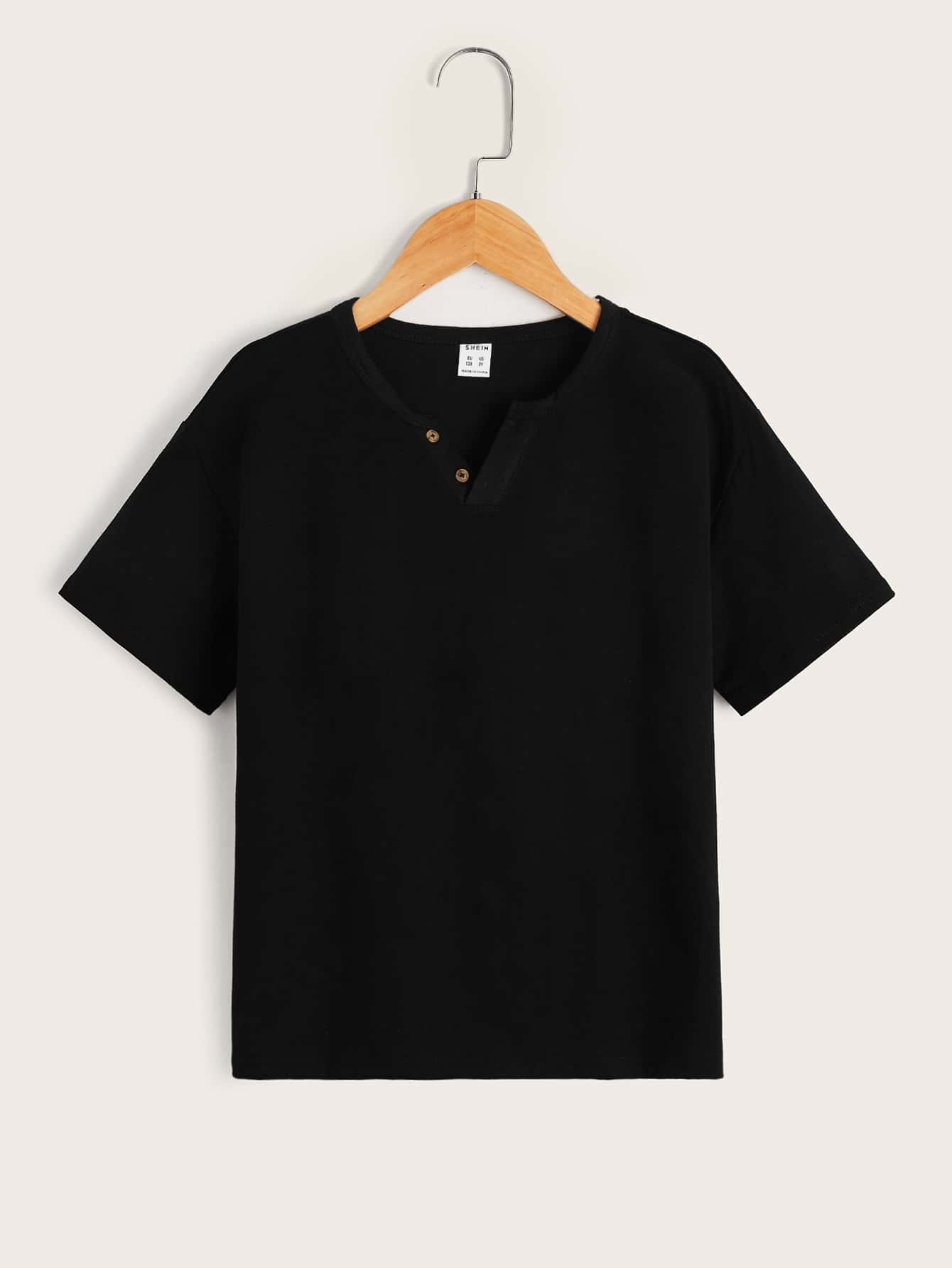 SHEIN 男孩雜色針織紐扣細節T恤 - 黑色 - 查看 1