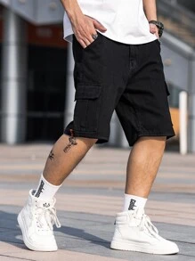 Manfinity Homme 男士棉側翻蓋口袋百慕大牛仔短褲 - 黑色 - 查看 5