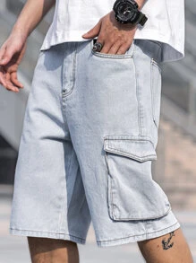 Manfinity 男士側翻蓋口袋百慕大牛仔短褲 - 淺色水洗藍 - 查看 6