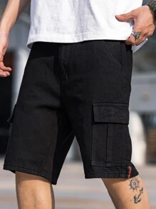 Manfinity Homme 男士棉側翻蓋口袋百慕大牛仔短褲 - 黑色 - 查看 6