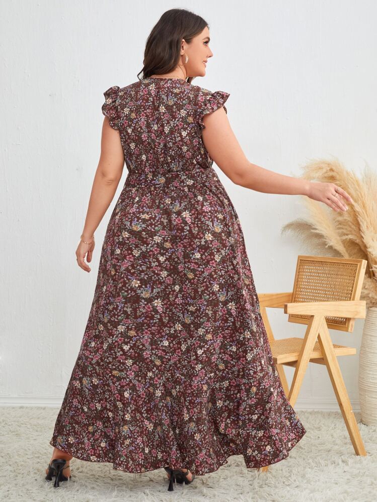 SHEIN Unity Plus Allover Floral Print Ruffle Sleeve High Low Hem Belted Dress - Multicolor - View 2