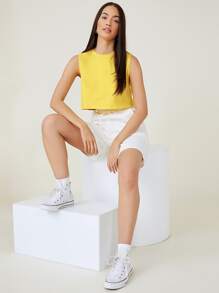 SHEIN BASICS Women Minimalist Solid Color Sleeveless Knitting Top - Yellow - View 4