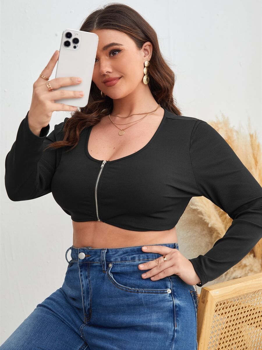 Plus Scoop Neck Zip Up Crop Top - Black - View 1