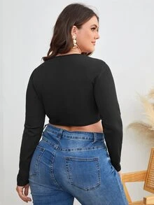 Plus Scoop Neck Zip Up Crop Top - Black - View 2