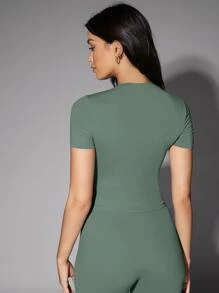 Silquee Áo thun nữ màu trơn Giải trí - màu xanh lá - Xem 2