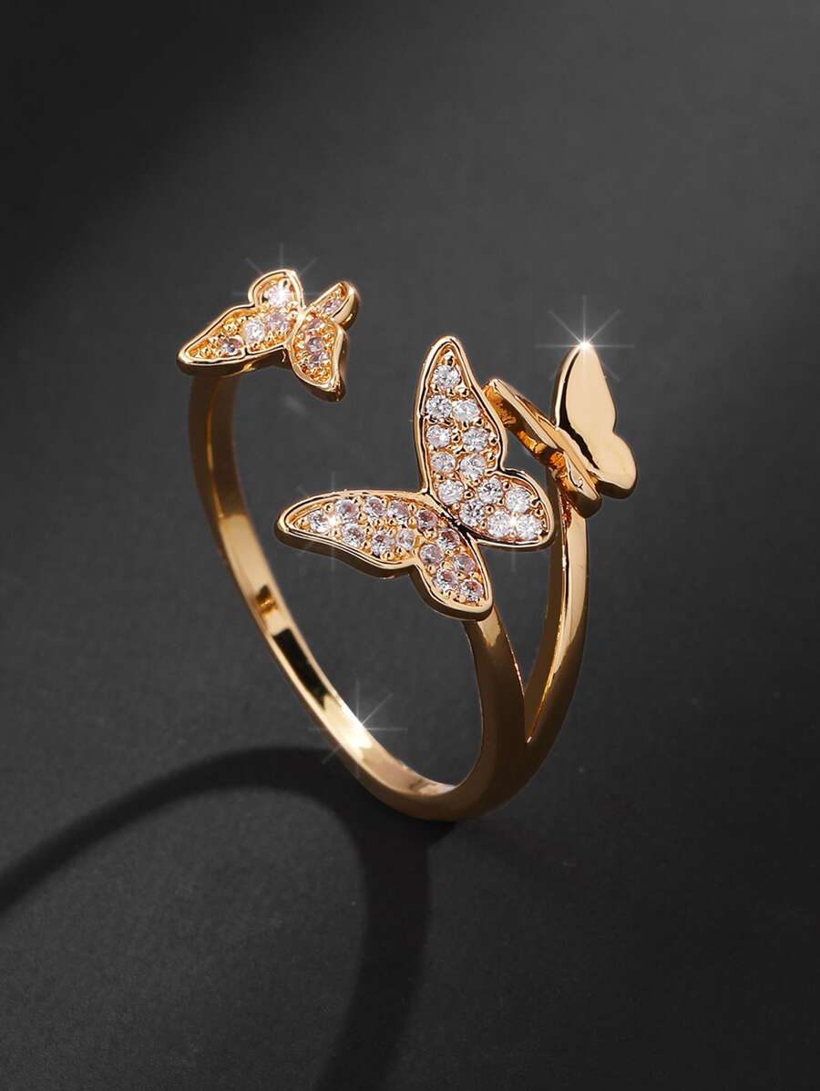 Cubic Zirconia Butterfly Decor Cuff Ring For Women For Party Banquet Wedding