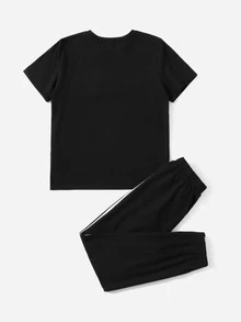 SHEIN 男孩拼色T恤和拼接側縫束腳褲套裝 - 黑色 - 查看 2