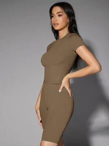 Silquee 纯色合身 T 恤 - 摩卡棕 - 查看 3