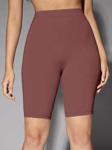 SHEIN BAE 高腰騎行褲 - 紅木色 - 查看 1