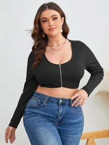 Plus Scoop Neck Zip Up Crop Top - Black - View 5
