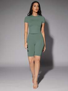 Silquee Áo thun nữ màu trơn Giải trí - màu xanh lá - Xem 5