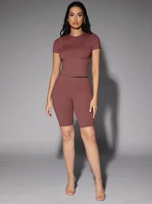 SHEIN BAE 高腰騎行褲 - 紅木色 - 查看 5