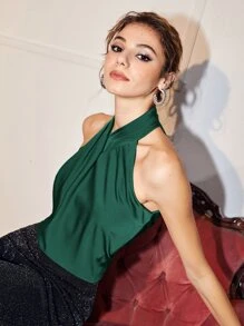 BizChic Twist Detail Halter Top Workwear - Dark Green - View 6