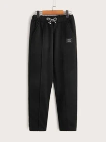 SHEIN Boys Drawstring Waist Patched Detail Joggers - Black - View 1