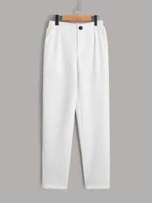 SHEIN Leap Crew 腰部裝飾紐扣男孩純色長褲 - 白色 - 查看 1