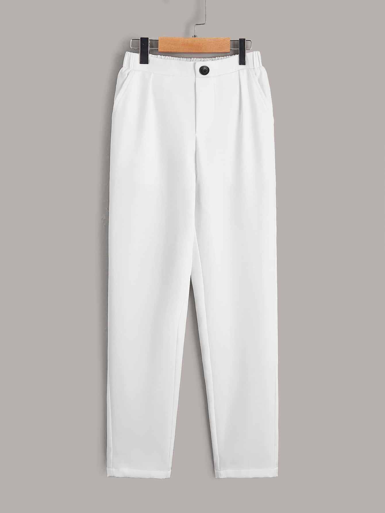 SHEIN Leap Crew 腰部裝飾紐扣男孩純色長褲 - 白色 - 查看 1