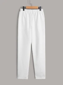 SHEIN Leap Crew 腰部裝飾紐扣男孩純色長褲 - 白色 - 查看 2