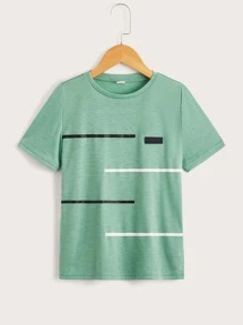 SHEIN Tween Boy Striped Print Crew Neck Short Sleeve T-Shirt, Casual Minimalist Style Suitable For Summer Daily Wear