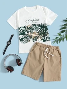 SHEIN Tween Boy Letter & Tropical Print Tee & Shorts Set - Multicolor - View 1