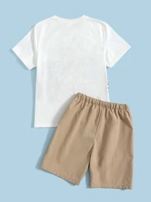 SHEIN Tween Boy Letter & Tropical Print Tee & Shorts Set - Multicolor - View 2