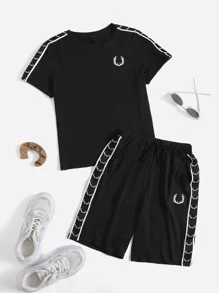 SHEIN Boys Graphic Embroidered Tape Side Tee & Track Shorts Set - Black - View 1