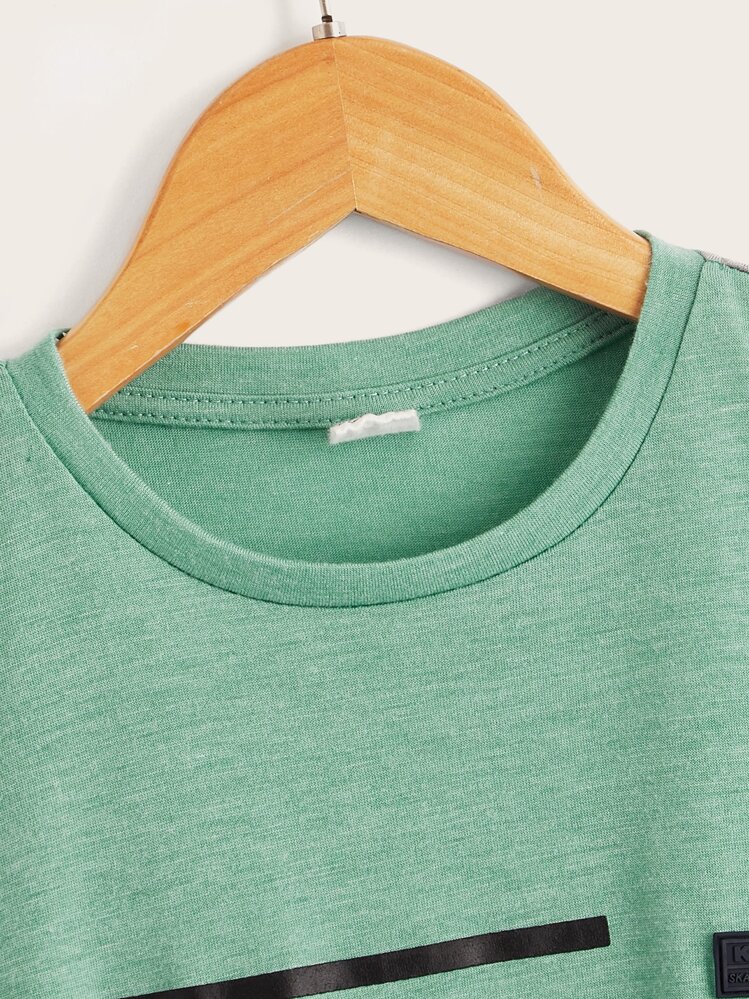 SHEIN Tween Boy 条纹印花圆领短袖 T 恤，休闲简约风格，适合夏季日常穿着 - 薄荷綠 - 查看 4