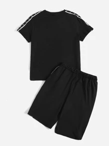 SHEIN Boys Graphic Embroidered Tape Side Tee & Track Shorts Set - Black - View 2