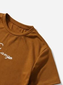 SHEIN Niños Camiseta con estampado de letra & shorts de cintura con cordón - Marrón - Ver 3