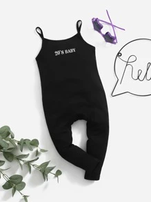 SHEIN Baby Ribbed Knit Letter Graphic Jumpsuit - Black - View 1
