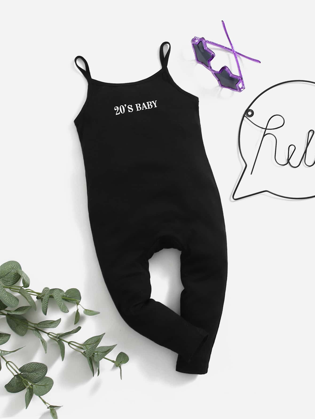 SHEIN Baby Ribbed Knit Letter Graphic Jumpsuit - Black - View 1