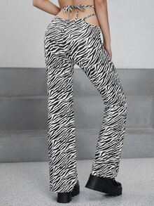 SHEIN ICON Zebra Stripe Cut Out Straight Leg Pants - Black and White - View 2