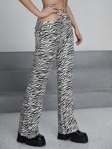 SHEIN ICON Zebra Stripe Cut Out Straight Leg Pants - Black and White - View 3