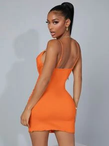 SHEIN SXY Lettuce Trim Bodycon Dress - Orange - View 2