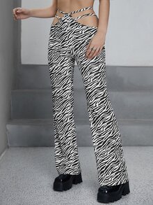 SHEIN ICON Zebra Stripe Cut Out Straight Leg Pants - Black and White - View 5