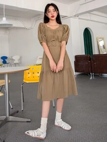 DAZY Puff Sleeve Ruffle Hem Belted Dress - Mocha Brown - View 7