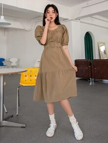 DAZY Puff Sleeve Ruffle Hem Belted Dress - Mocha Brown - View 8