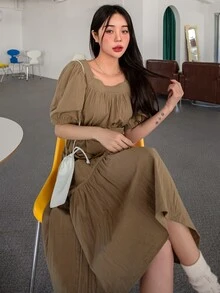 DAZY Puff Sleeve Ruffle Hem Belted Dress - Mocha Brown - View 6