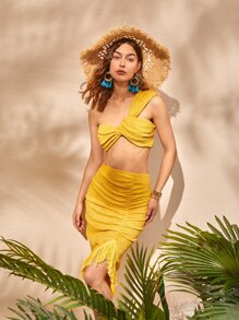 SHEIN VCAY 單肩扭結短款上衣和褶邊流蘇下擺裙子套裝 - 芥末黃 - 查看 5