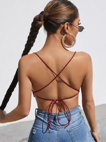 SHEIN BAE 十字交叉後背繫帶手帕下擺吊帶上衣 - 酒紅色 - 查看 2