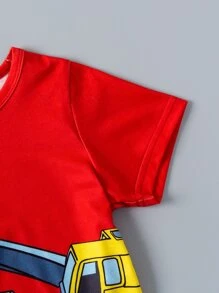 SHEIN Toddler Boys Excavator Print Tee - Red - View 3
