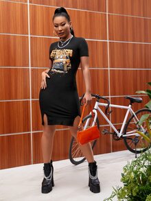 SHEIN SXY Đầm Chia Ô tô/xe hơi Lá thư Giải trí - màu đen - Xem 4