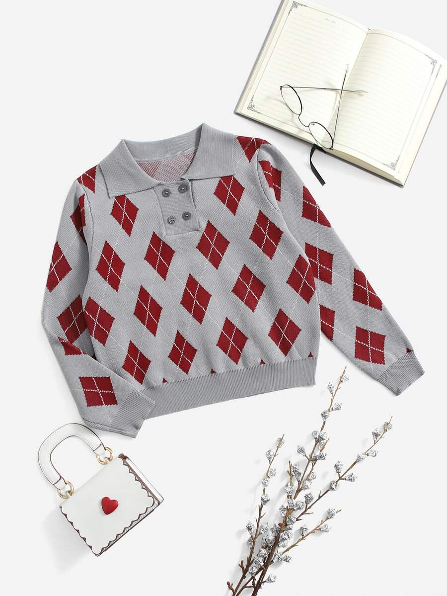 SHEIN Girls Polo Collar Argyle Pattern Jumper - Multicolor - View 1