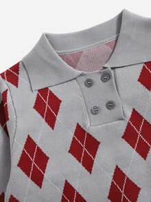 SHEIN Girls Polo Collar Argyle Pattern Jumper - Multicolor - View 3
