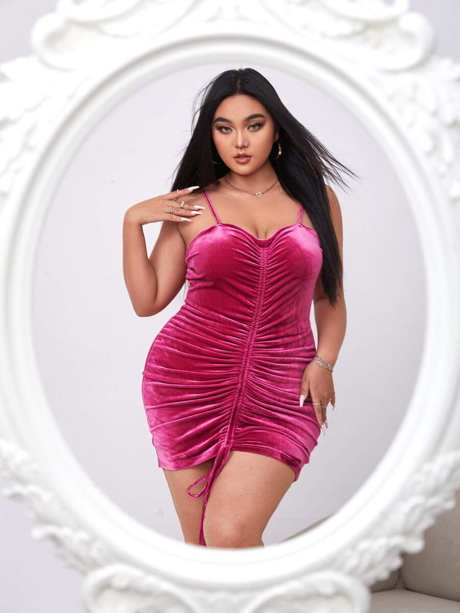 大碼褶邊前抽繩絲絨吊帶連衣裙 - 玫紅色 - 查看 1