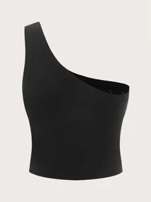 SHEIN ICON Heart Rhinestone One Shoulder Crop Top - Black - View 2