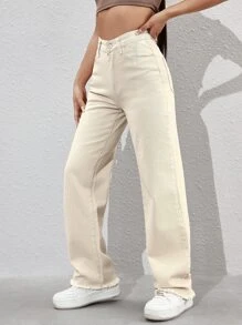 SHEIN EZwear 拉鏈門襟毛邊男友牛仔褲 - 米色 - 查看 1