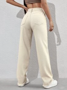 SHEIN EZwear 拉鏈門襟毛邊男友牛仔褲 - 米色 - 查看 2