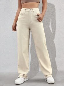 SHEIN EZwear 拉鏈門襟毛邊男友牛仔褲 - 米色 - 查看 3